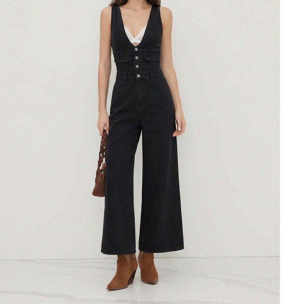 Cider Denim Jumpsuit Womens XXS Black Wide Leg Plunge V Neck Button Retro Goth